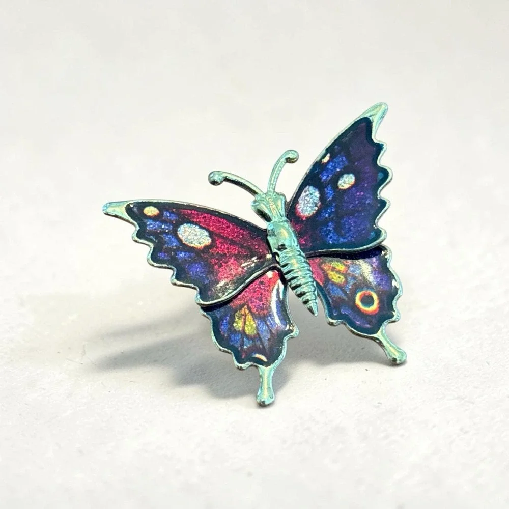 vintage Butterfly Brooch Pin Broach Enameled Sparkle Multi colored gold tone